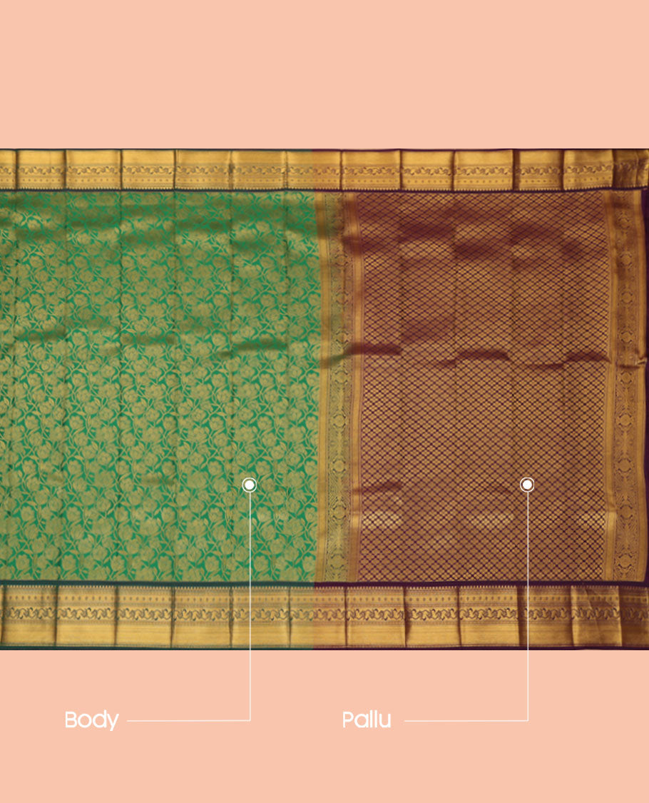 Green Budget Silk Saree, Embellished with Jacquard Design, a Contrast Traditional Zari Border, Grand Pallu, and a Contrast Blouse