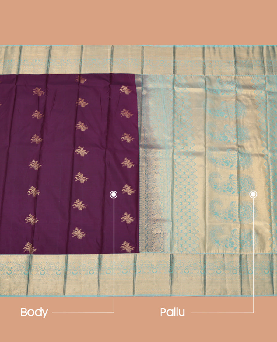 Purple Budget Silk Saree, Graced with Zari Buttas, Complemented by a Contrast Traditional Zari Border, Grand Pallu, and a Contrast Blouse