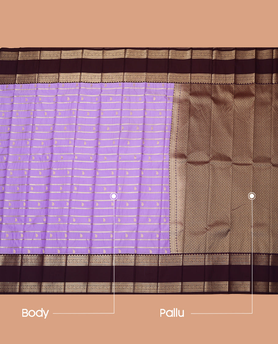 Lavender Budget Silk Saree, Detailed with Zari Buttas and Stripes, a Contrast Traditional Zari Rettai Pettu Border, Grand Pallu, and a Contrast Blouse