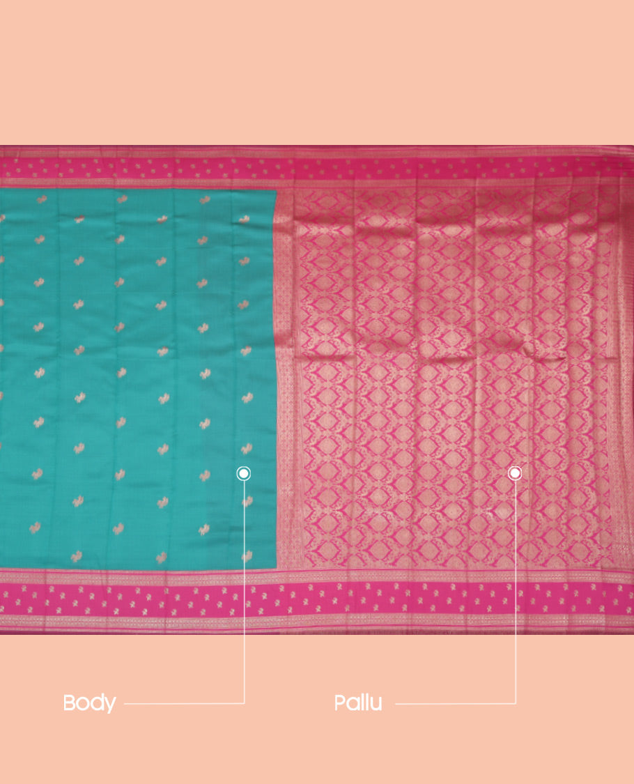 Blue Litchi Saree, Woven with Zari Buttas, a Contrast Traditional Zari Border, Intricately Designed Pallu, and a Contrast Blouse