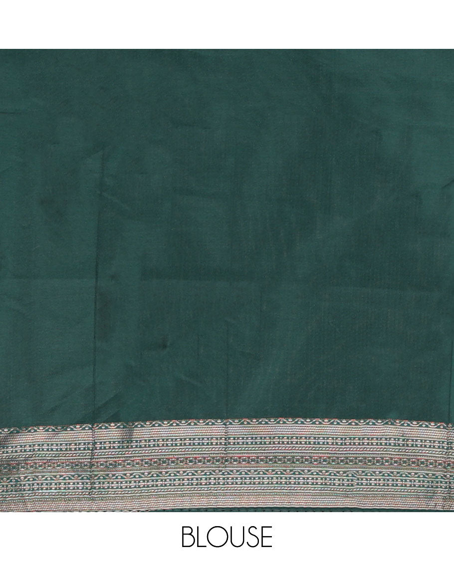 Pista green zari checked & elephant motifs woven kanchi silk saree, contrast korvai-style border of elephant motifs, intricate pallu & plain blouse