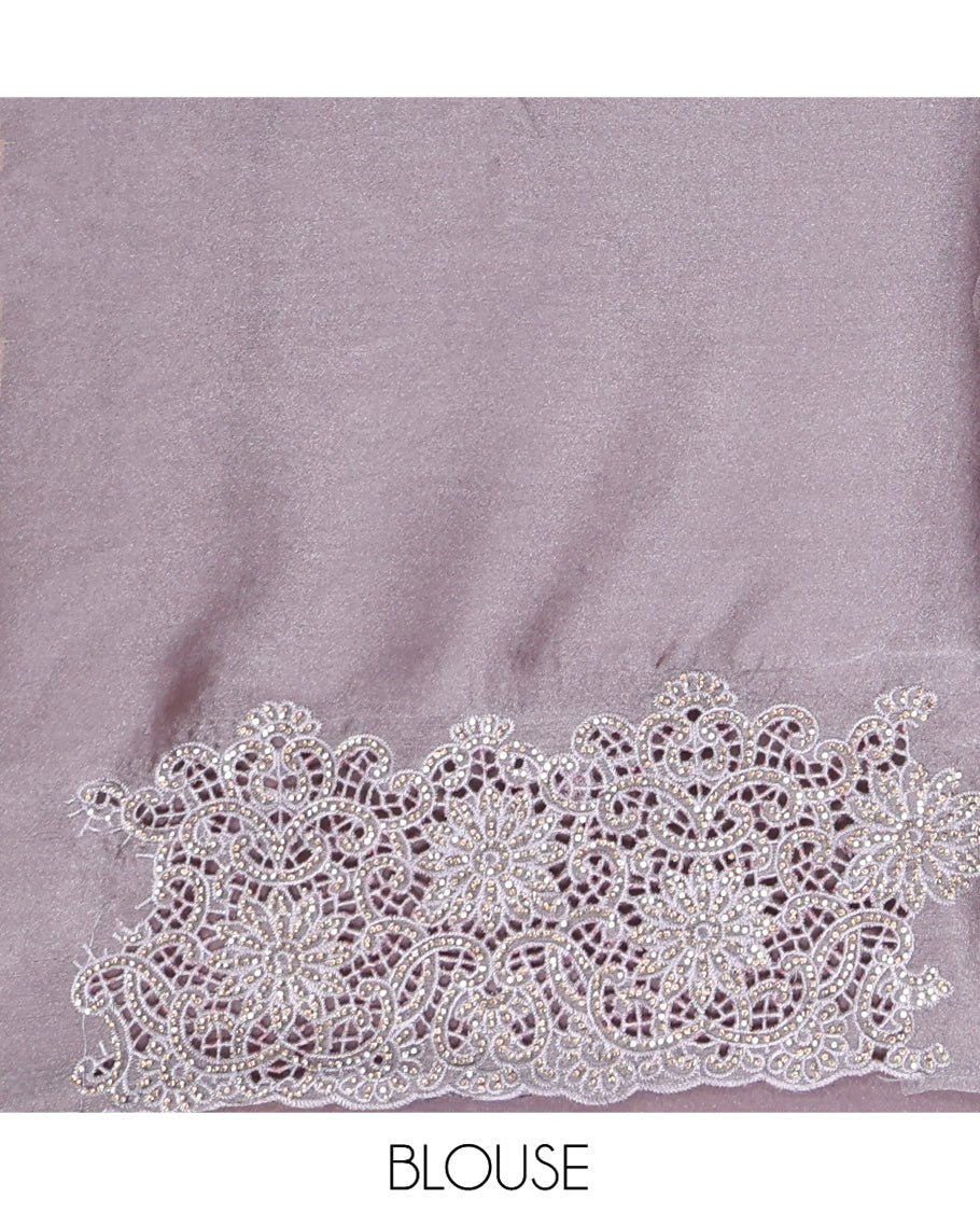 Grey Designer Saree, Decked Up with Stonework, Scallop-Cut Work Border, Self Pallu, and Matching Blouse