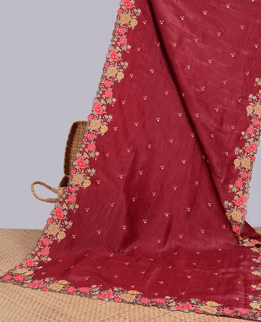 Yellow crushed tissue saree with scallop floral border & motif embroidery pallu