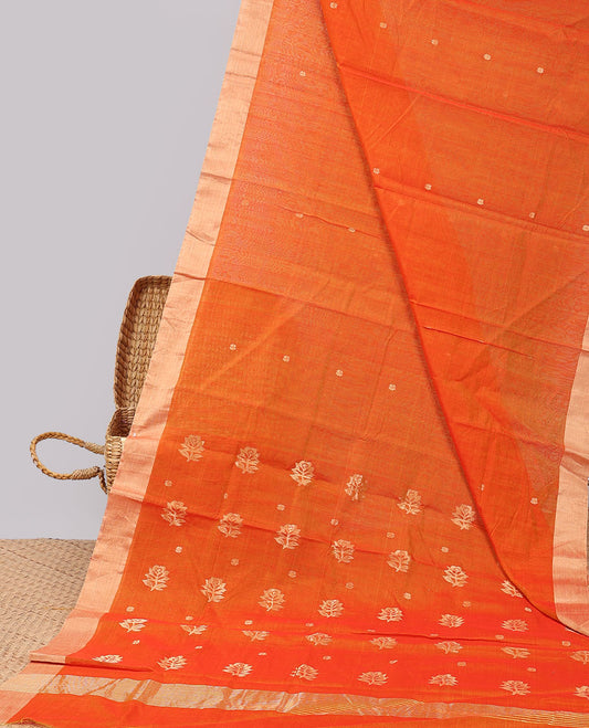 Orange  round motifs printed chanderi cotton saree with contrast plain border & floral motifs pallu