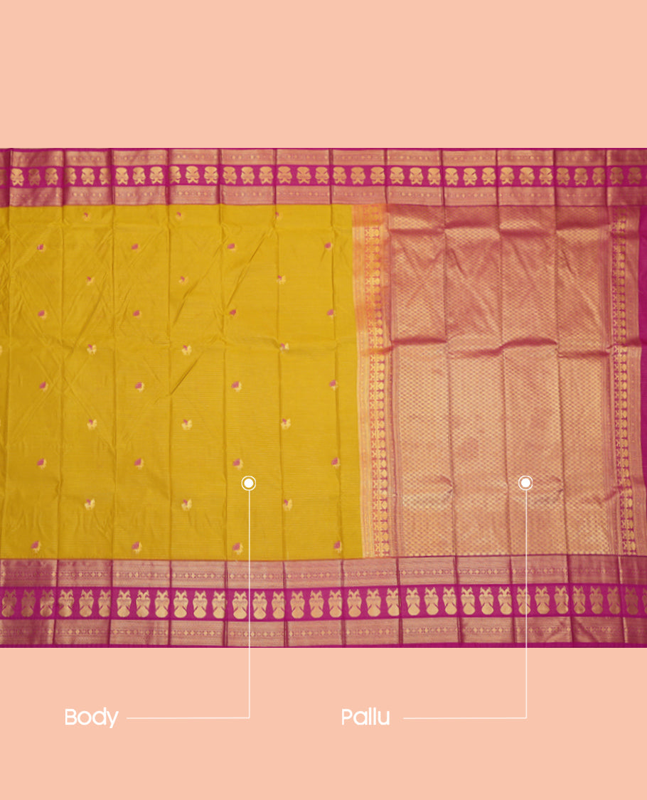 Yellow Budget Silk Saree, Highlighted by Horse-Buttas and Stripes, a Contrast  Iruthalai Pakshi Zari Border, a Jaal Pallu and a Contrast Blouse