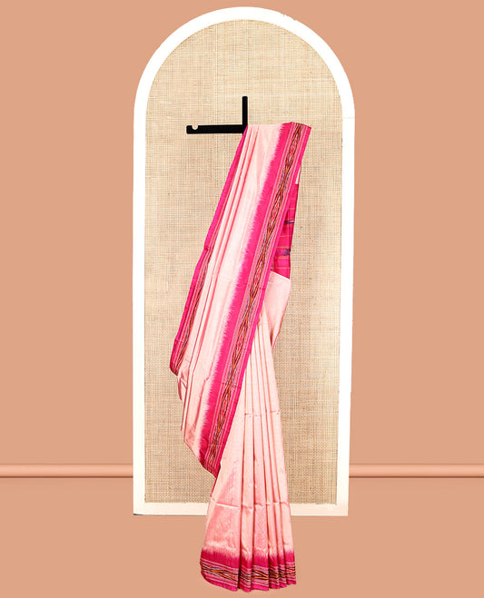 Pink Plain Pochampally Ikat Silk Saree, Complemented by a Contrast Ikat Textured Border, Ikat Pallu, and No Blouse