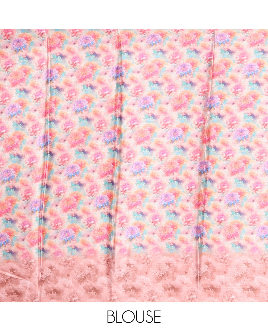 Pink colorful, floral printed turkey crepe saree, floral printed border, pallu, and contrast flower motifs printed blouse