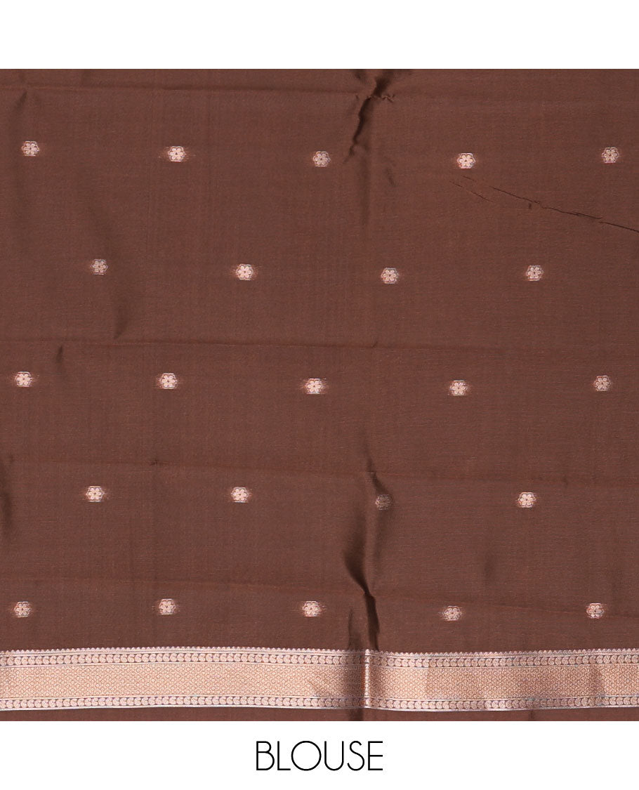 Pink zari buttas kanchi silk saree, temple zari border, zari-rich jaal pallu, and zari motifs woven blouse