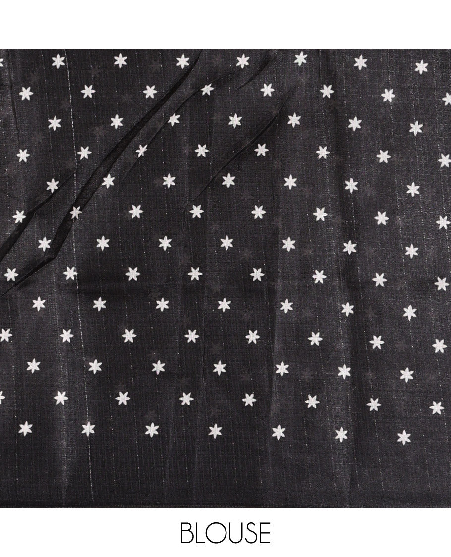 White-black diamond patterned khadi cotton saree, contrast plain border, intricate print pallu & contrast star motifs printed blouse
