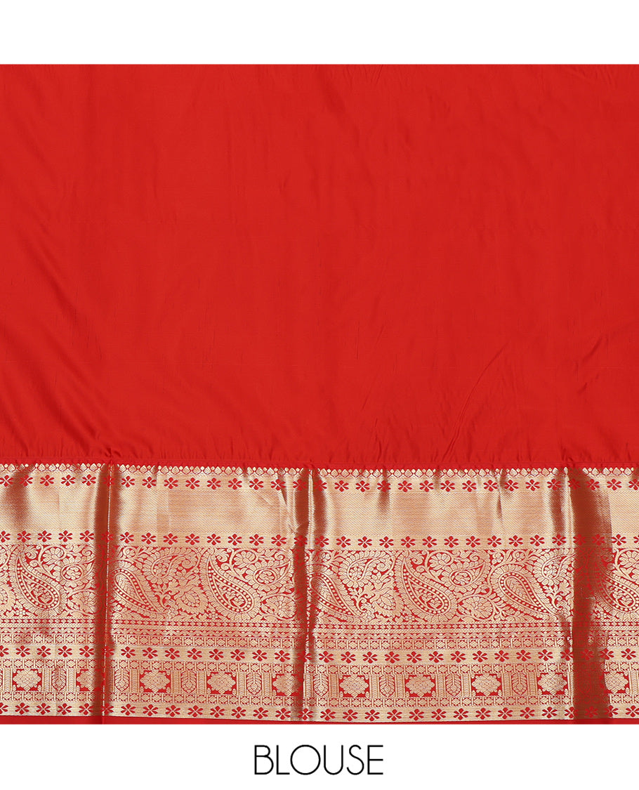 Leaf Green Art Silk Pavadai Material, Accentuated with Jacquard Design, Contrast Traditional Zari Design Border, and a Contrast Blouse
