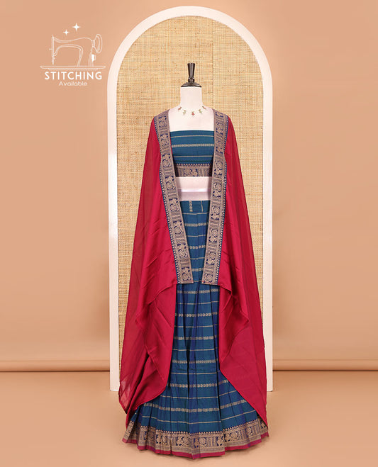Peacock blue-magenta mercerised cotton half-saree, traditional design resham thread skirt, matching traditional design blouse & contrast syska georgette dhavani