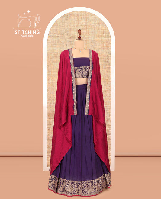Violet Mercerised Cotton Half-Saree Features a Plain Skirt, a Bridegroom Motif Border, a Matching Blouse, a Contrast Dhavani