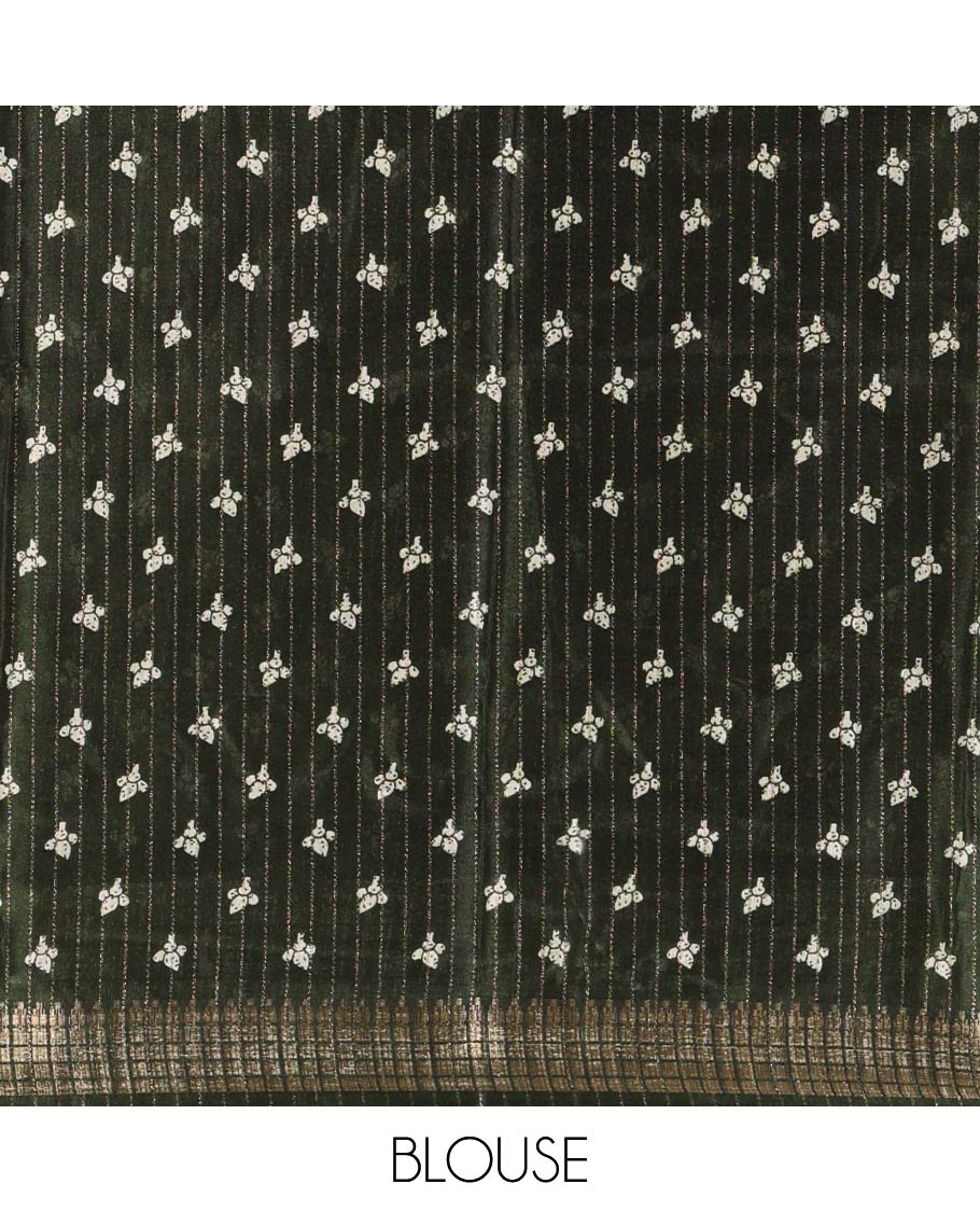 Olive green zari striped & batik paisley-floral printed dola silksaree,contrast zari border,batik paisley print pallu & blouse of print & zari work