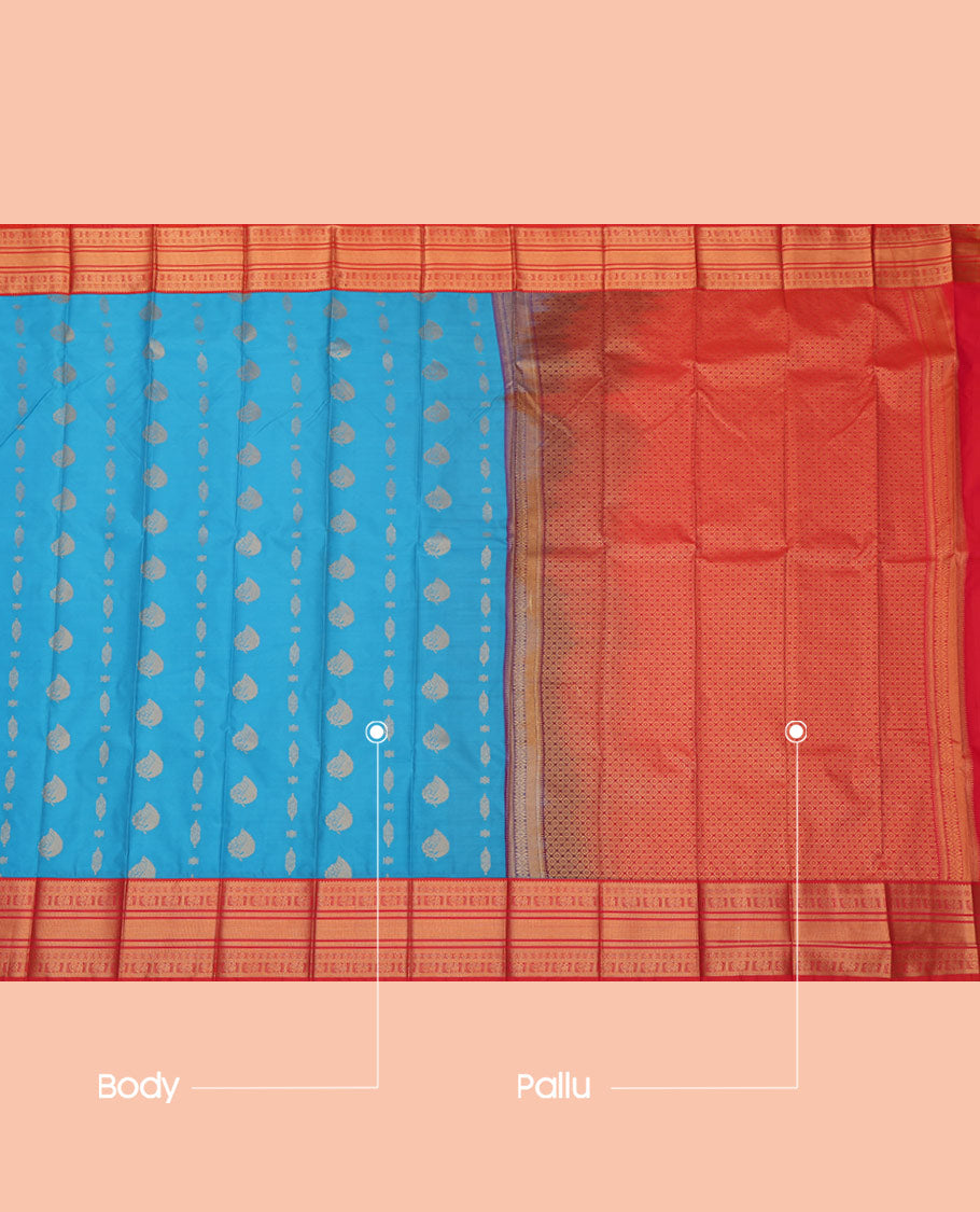Blue Budget Silk Saree, Adorned with Zari Buttas, a Contrast Traditional Zari Border, Jaal Pallu, and a Contrast Blouse