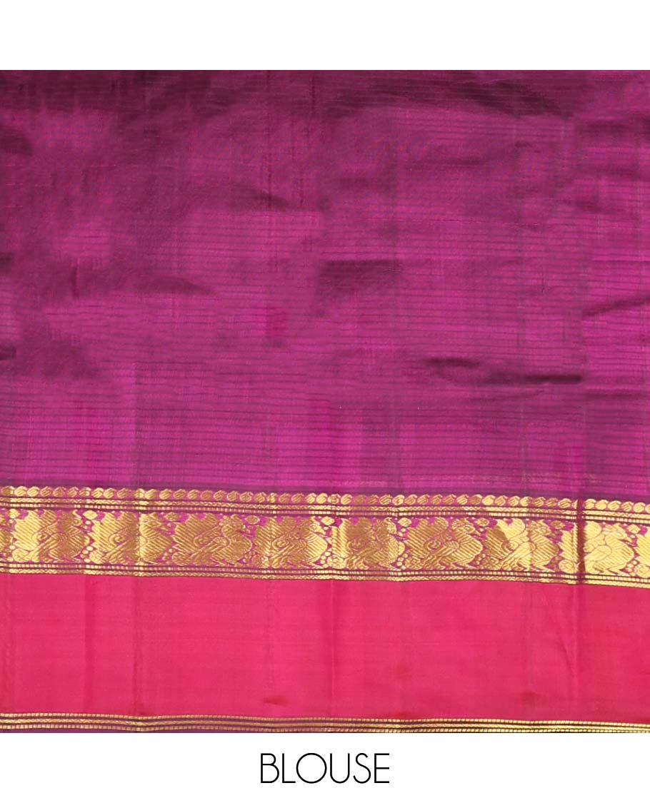 Purple striped kancheepuram silk saree with contrast border of intricate zari design & striped pallu