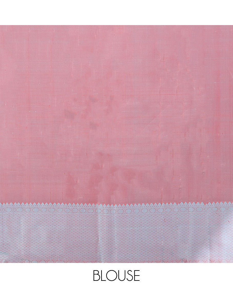 Pink buttas kancheepuram silk saree with contrast border of thilakam mokku, paun, kuyil kann design & zari design pallu