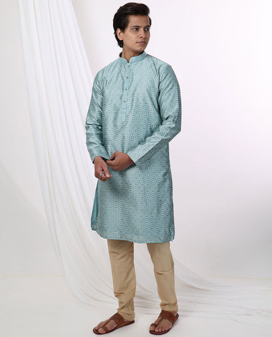 Sea blue floral jaal design mandarin collar & full-sleeve long raw silk kurta