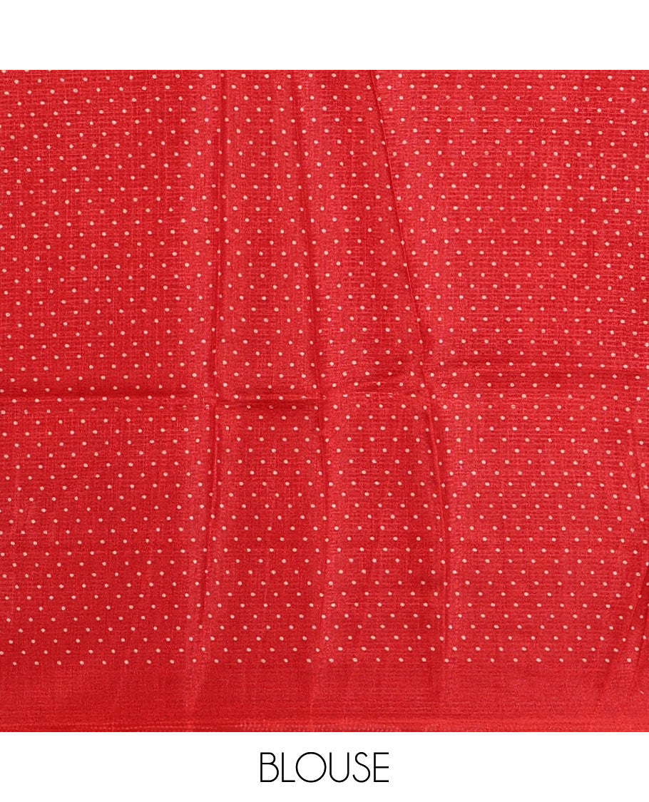 Light orange madhubani-style fish printed khadi cotton saree, floral printed border, madhubani printed pallu & contrast polka dots printed blouse