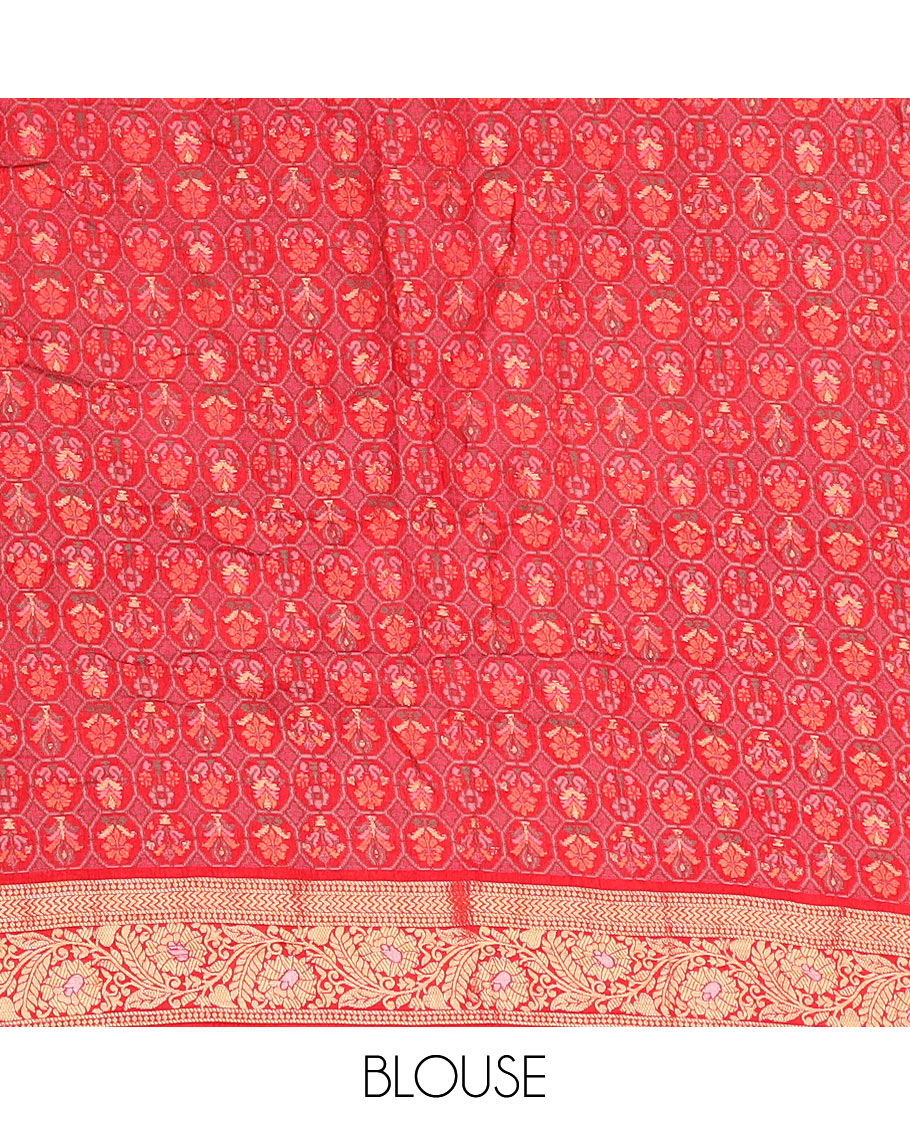 Brown bandhani dots and zari buttas bandhani silk saree, contrast floral creeper zari border, and patola butta enclosed checked pallu