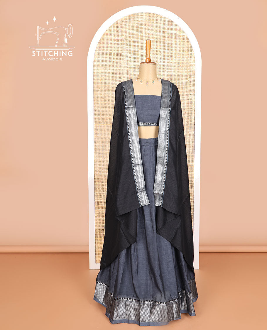 Dark grey cotton half saree with contrast zari design border, zari design blouse & plain , zari design border dhavani
