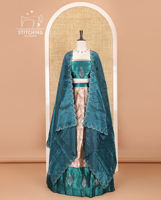 Peach-peacock half-saree, floral jaal jacquard banarasi skirt, contrast traditional zari stone work border,  matching blouse, and contrast scallop embroidered velvet organza dhavani