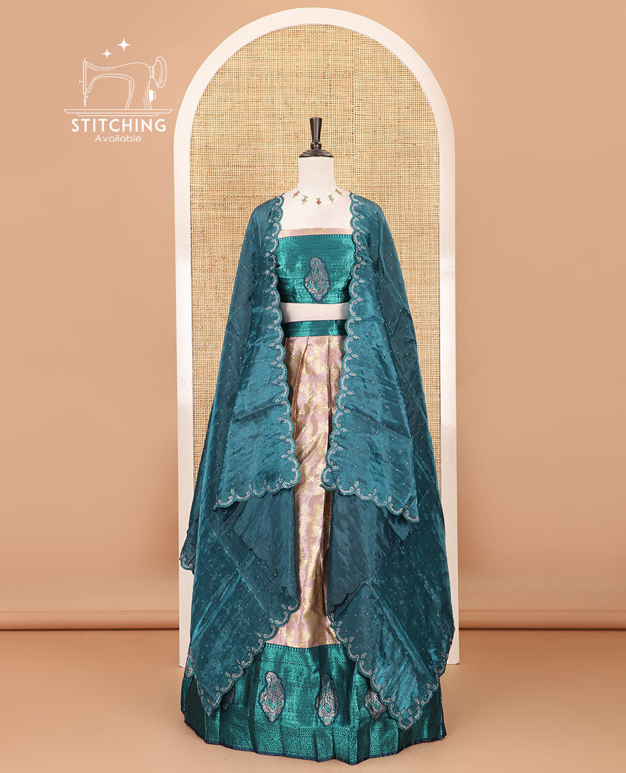 Peach-peacock half-saree, floral jaal jacquard banarasi skirt, contrast traditional zari stone work border,  matching blouse, and contrast scallop embroidered velvet organza dhavani