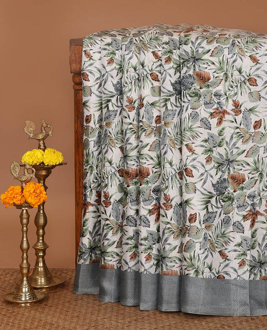 White tropical floral printed khadi cotton saree,contrast Grey printed border,floral-geometric printed pallu & tropical floral print blouse