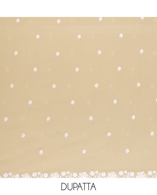 Green material chudidar set, floral thread embroidered georgette top, plain bottom, and floral motifs embroidered scallop georgette dupatta