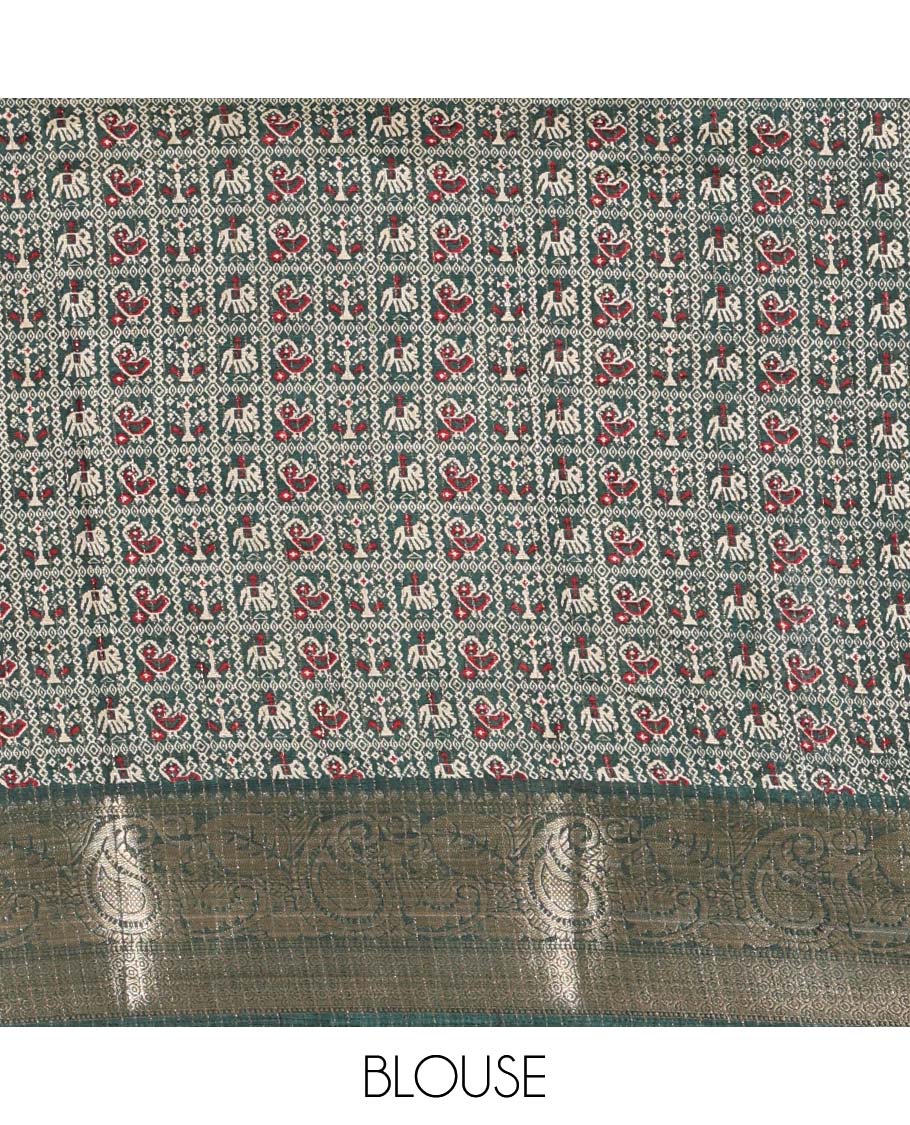 Chikku-green vertical striped, and animal motifs printed dola silk saree, contrast manga motifs zari border, animal motifs printed pallu, and a contrast printed blouse