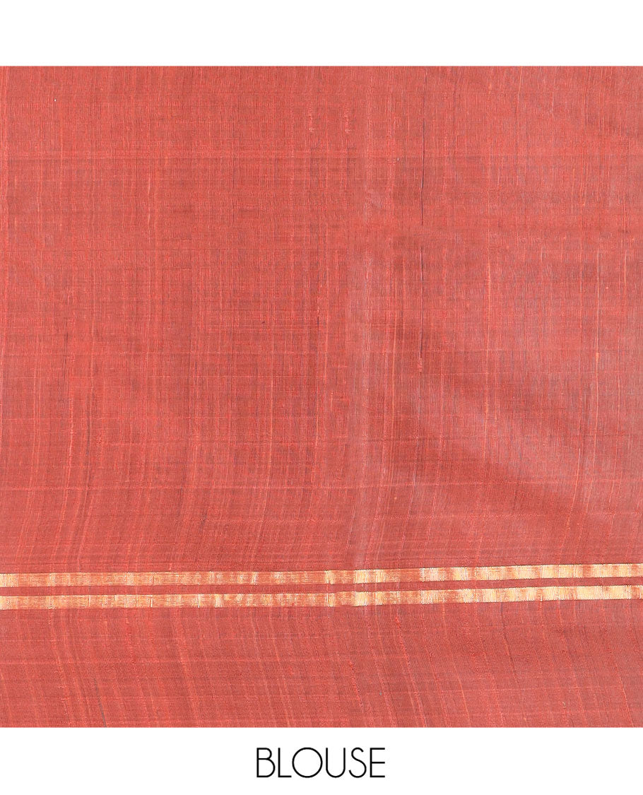 Rust Orange Dupion Silk Saree, Steeped with Zari Buttas All Over Its Body, Subtly Woven Zari Striped Border, Gleaming Pallu of Floral Vine Designs, and Paired with a Matching Blouse