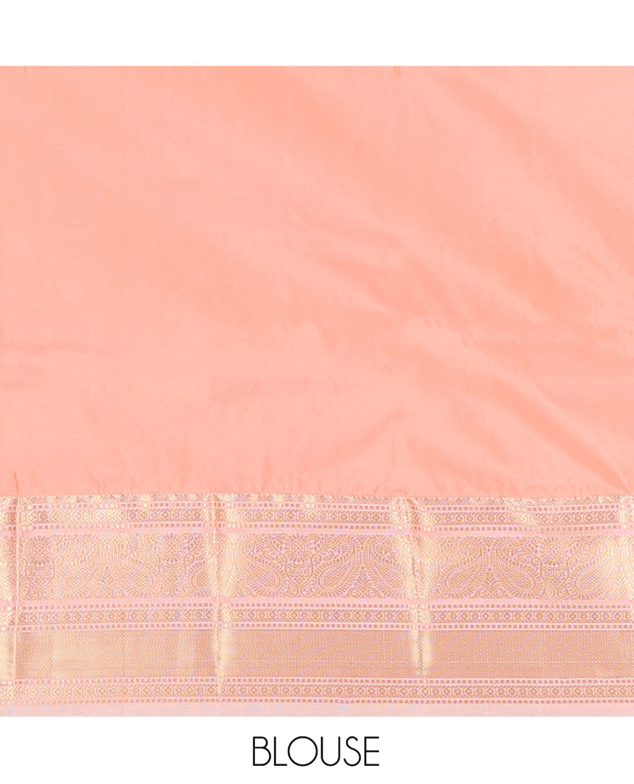 Red Budget Silk Saree, Decked Up with Zari Buttas on Its Body, Complemented by a Contrast Traditional Zari Design Border, Intricate Pallu, and Paired with a Contrast Blouse