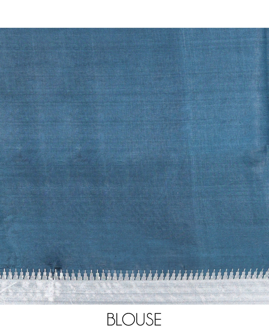 Blue Banana Pith Saree, Steeped with Buttas All Over Its Body, Highlighted by Temple Zari Border, Pallu of Gleaming Zari Stripes, and Paired with a Matching Blouse