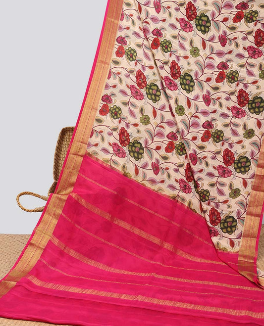 Cream floral vine design mysore silk saree with contrast traditional border & striped zari pallu