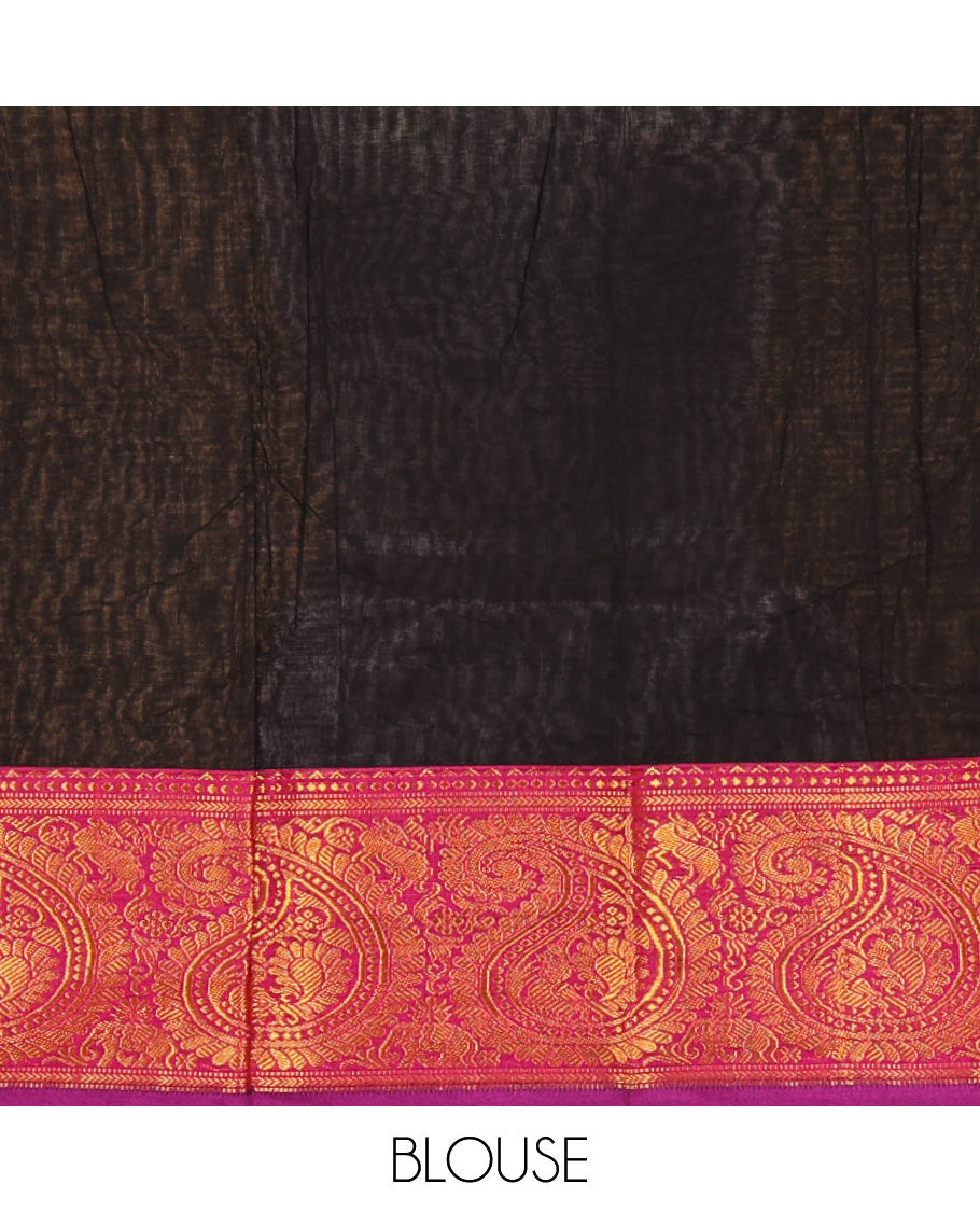 Black plain design mercerised cotton saree, contrast traditional peacock enclosed manga border, striped pallu & matching blouse