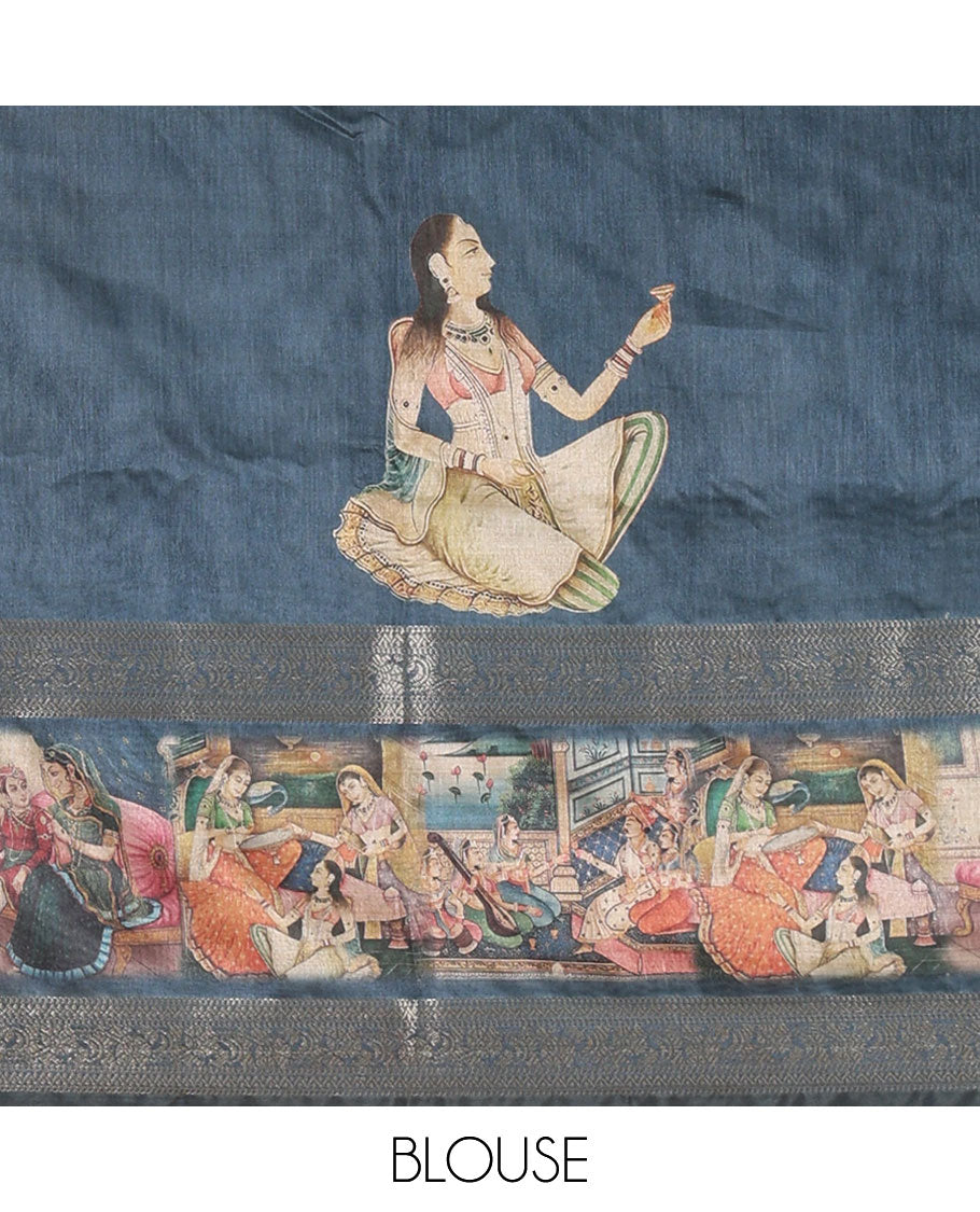 Grey ancient Mughal human printed semi-tussar saree, traditional zari rettai pettu ancient human motifs print border, printed pallu & running blouse