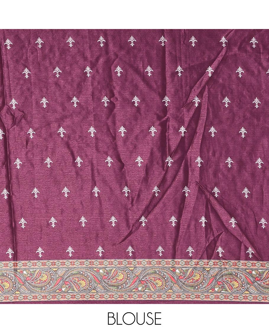 Purple floral-paisleys printed and mirror work masakali saree, printed border, printed and mirror work pallu, and a matching printed blouse