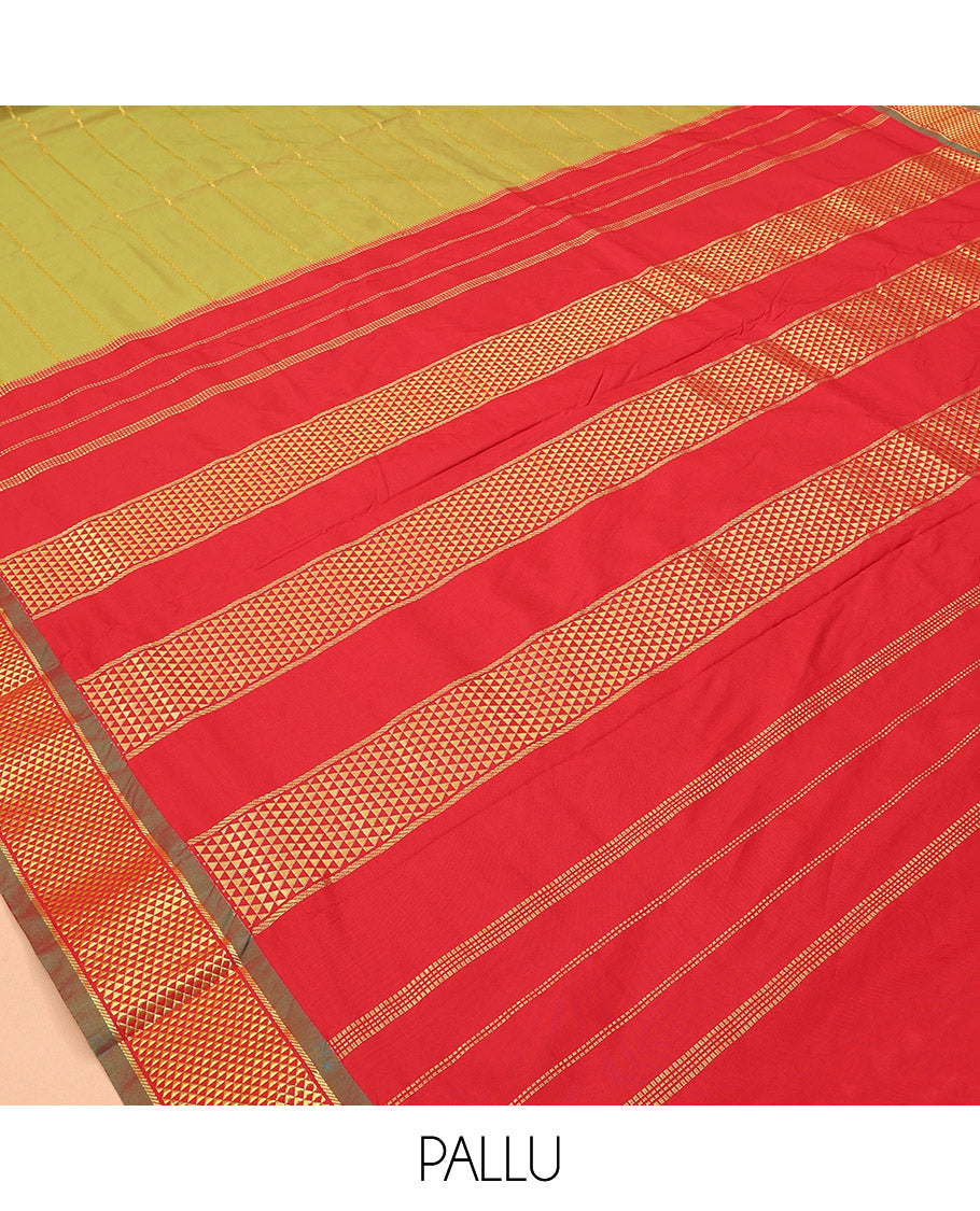 Green Neli Striped Ten-Yard Saree, Complemented by a Contrast Ara Maadam Border, Contrast Pallu of Stripes, and No Blouse