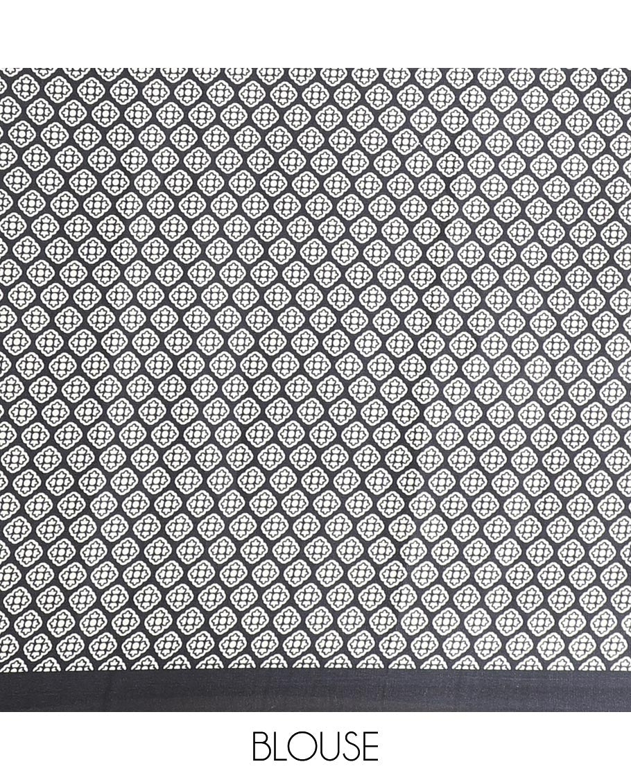 Borderless black horizontal stripes, and flora-butterflies printed satin crepe saree, self-pallu of floral, butterflies and bird print, and printed pallu