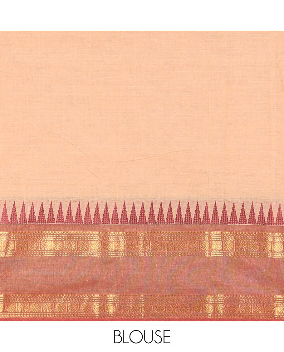 Sandal zari buttas Chettinad cotton saree, contrast ganga jamuna rettai rettu rudraksham motif zari temple border, striped pallu, and matching blouse