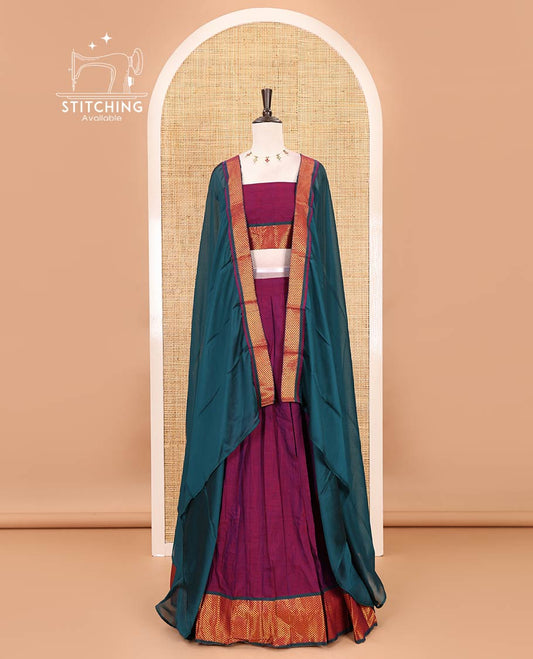 Magenta-green Mercerised cotton half-saree, plain with contrast arai madam border skirt, matching blouse & contrast arai madam border dhavani