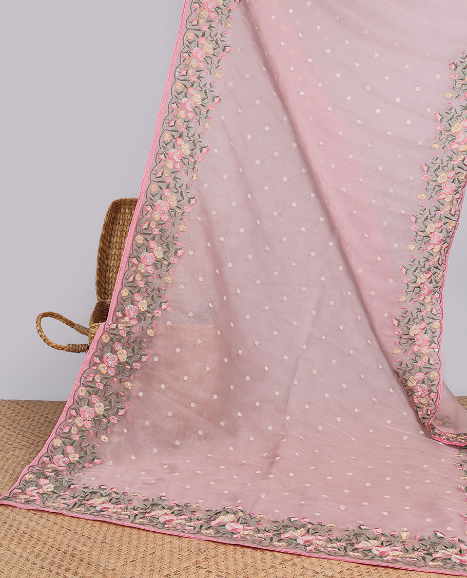 Pink motifs embroidery net designer saree with self floral border & floral embroidery pallu 