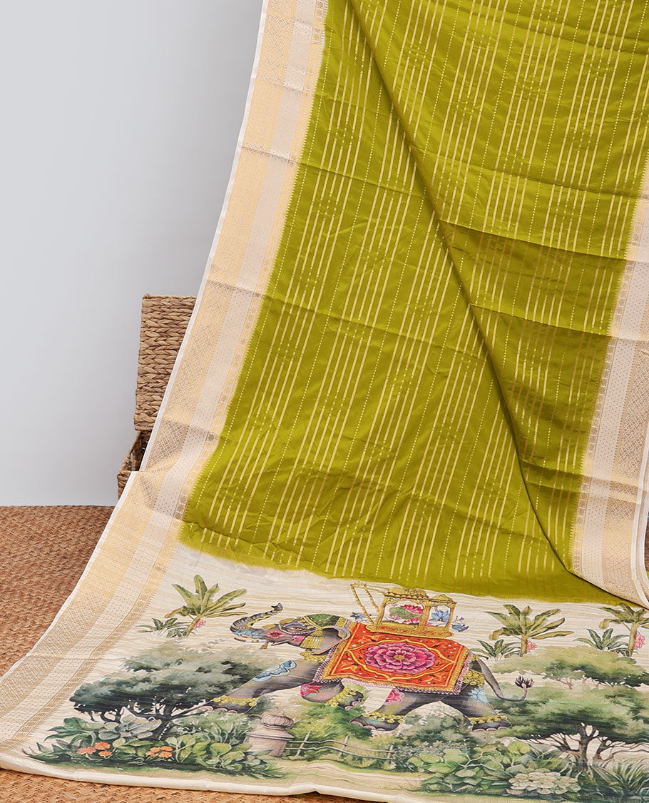 Green striped design  mysore silk saree with contrast argyle border & forest theme printed pallu
