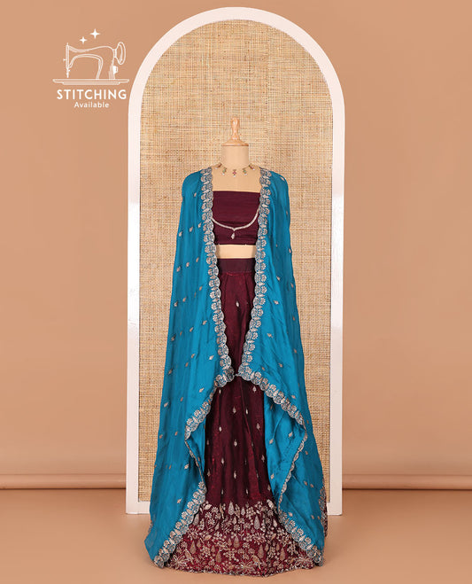 Wine half-saree, floral and bird motifs embroidered velvet organza top, matching embroidered blouse, and contrast scallop embroidered syska georgette dhavani