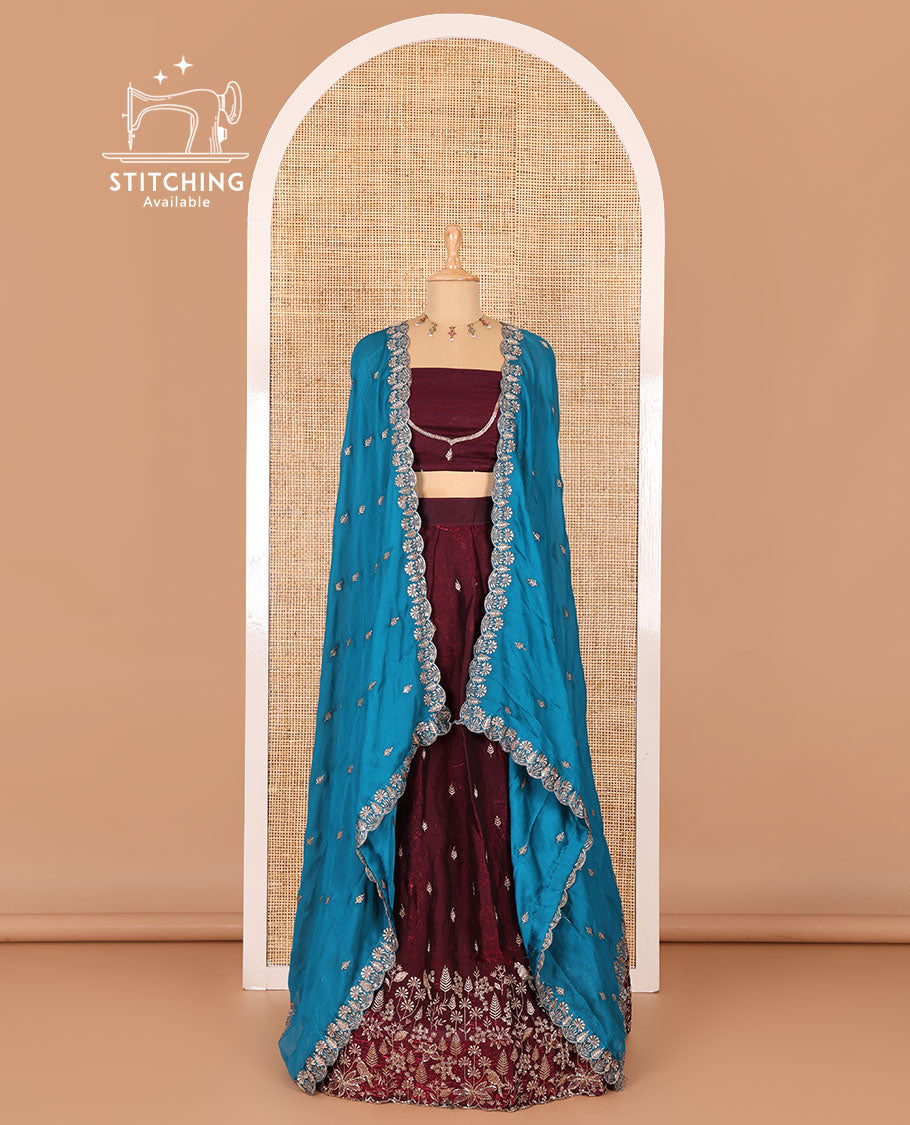 Wine half-saree, floral and bird motifs embroidered velvet organza top, matching embroidered blouse, and contrast scallop embroidered syska georgette dhavani