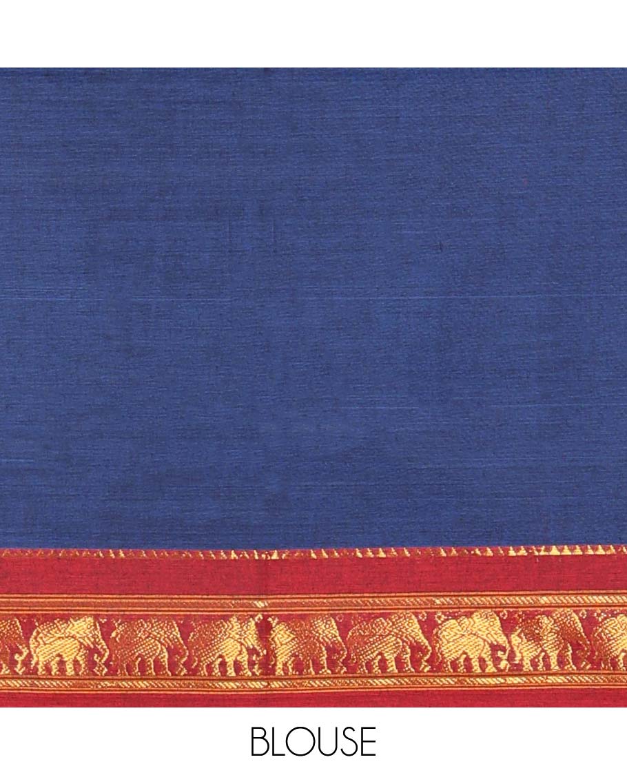 Blue cotton half saree with contrast zari border, plain blouse & plain with zari border dhavani