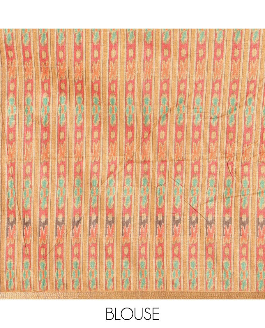 Chikku and yellow Radha motifs printed katan silk saree, contrast temple border, ikkat motifs woven pallu, and contrast printed pallu