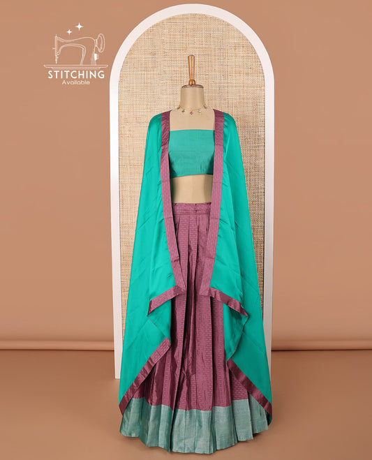 Mauve geometric design poly-cotton half saree with contrast border, plain blouse & plain, geometric design border dhavani