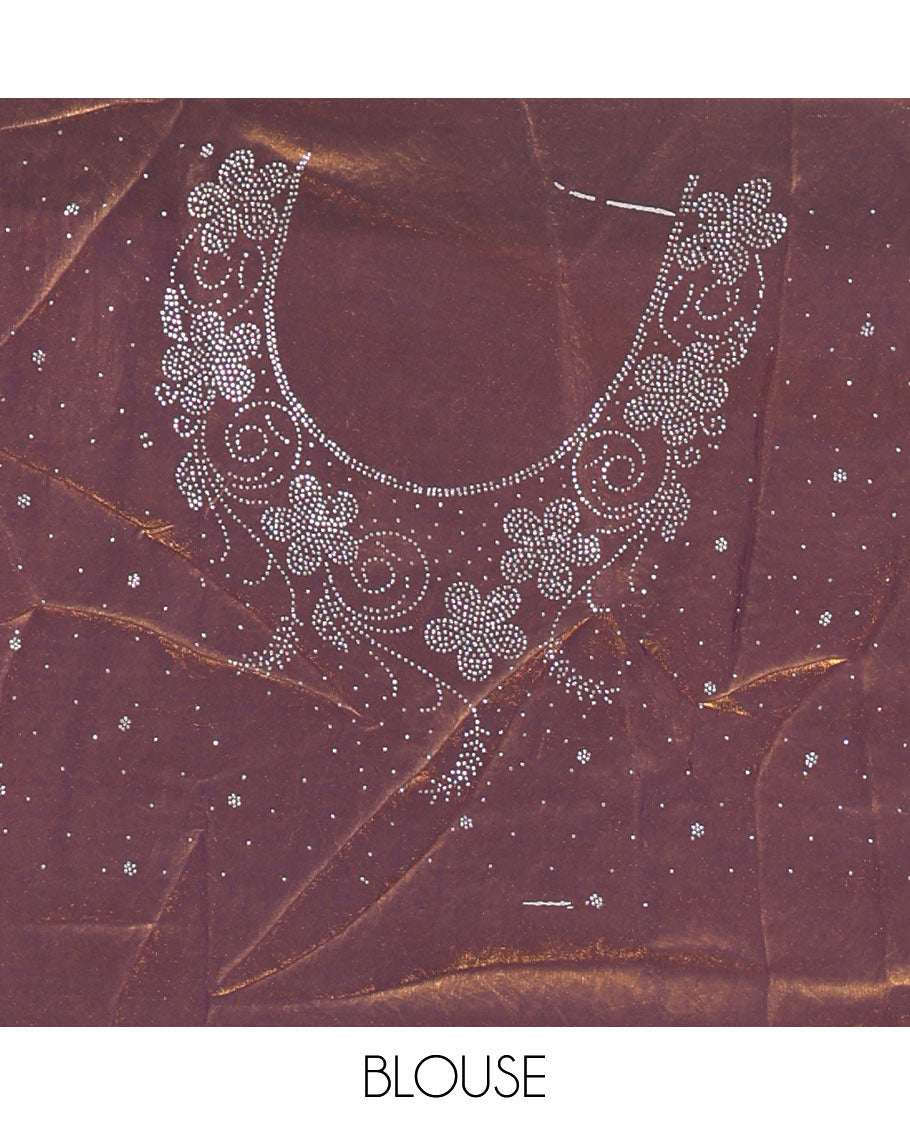 Copper horizontally swarovski stone striped fendi chiffon saree, swarovski stone work border, and a plain blouse