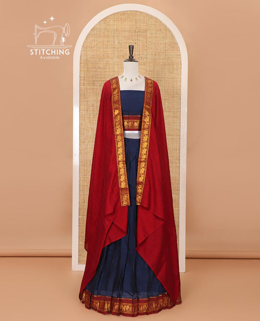 Navy blue mercedised cotton half-saree, plain contrast elephant zari border skirt, matching blouse & contrast maroon zari elephant border dhavani