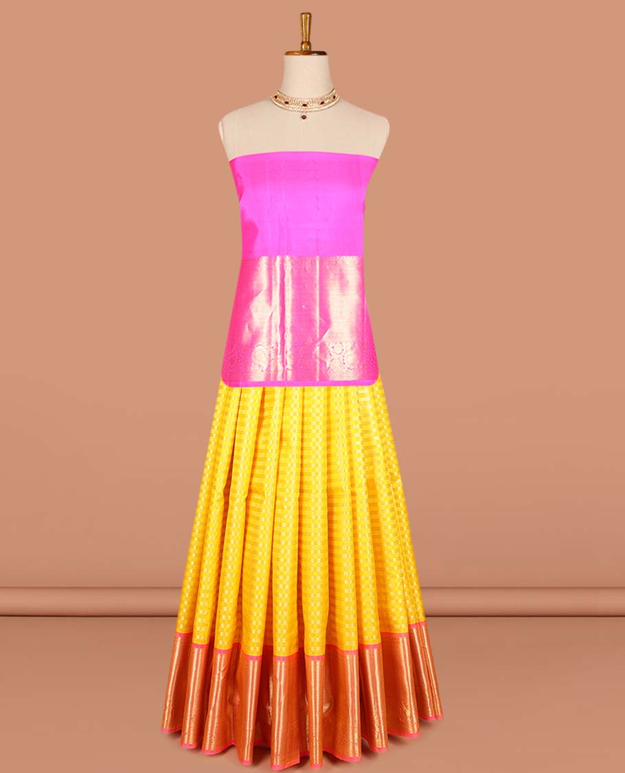 Yellow checked pure silk half saree with contrast zari design border, zari design blouse & floral zari design dhavani